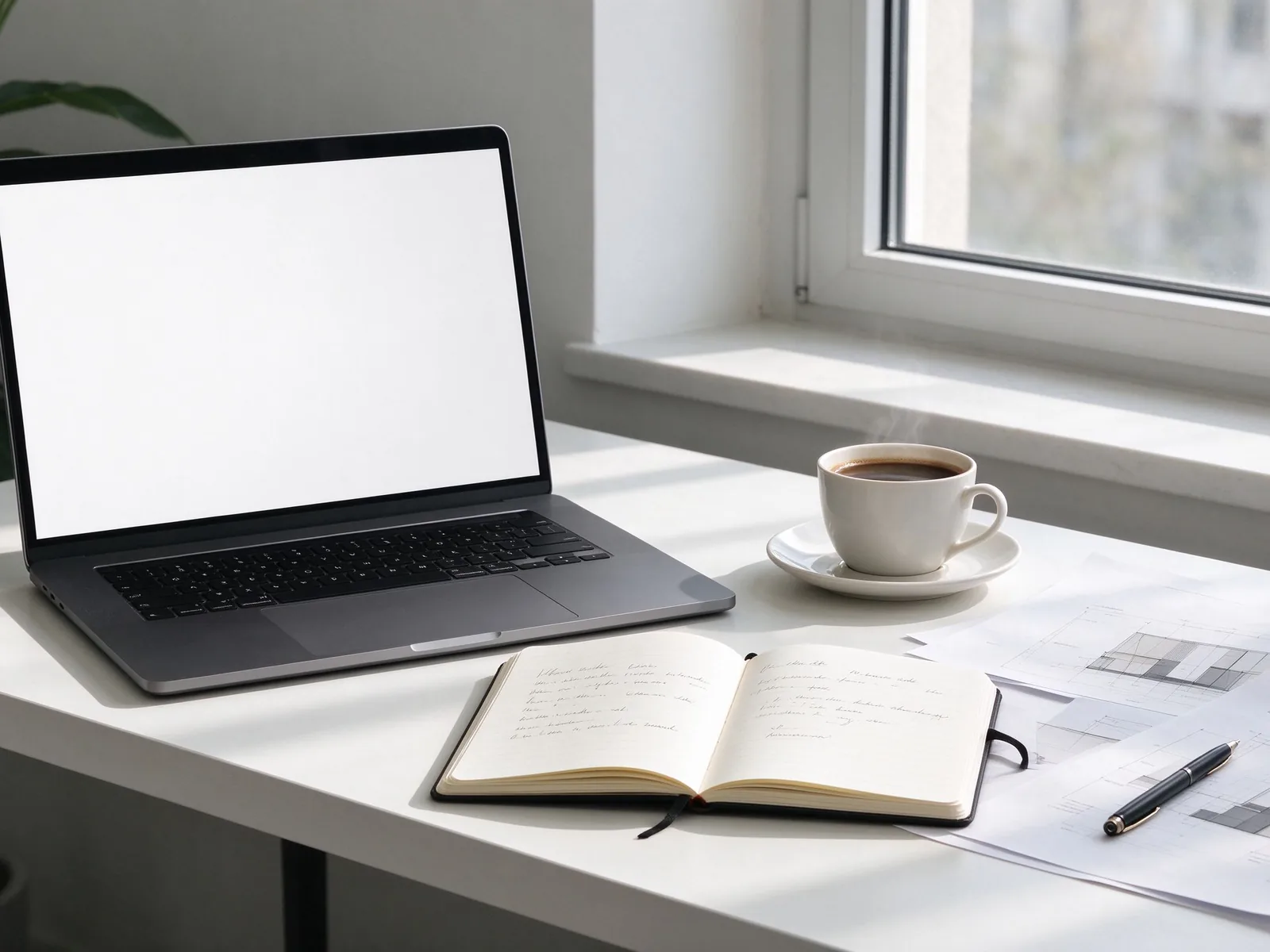 A workspace: laptop, coffee and notes on a desk